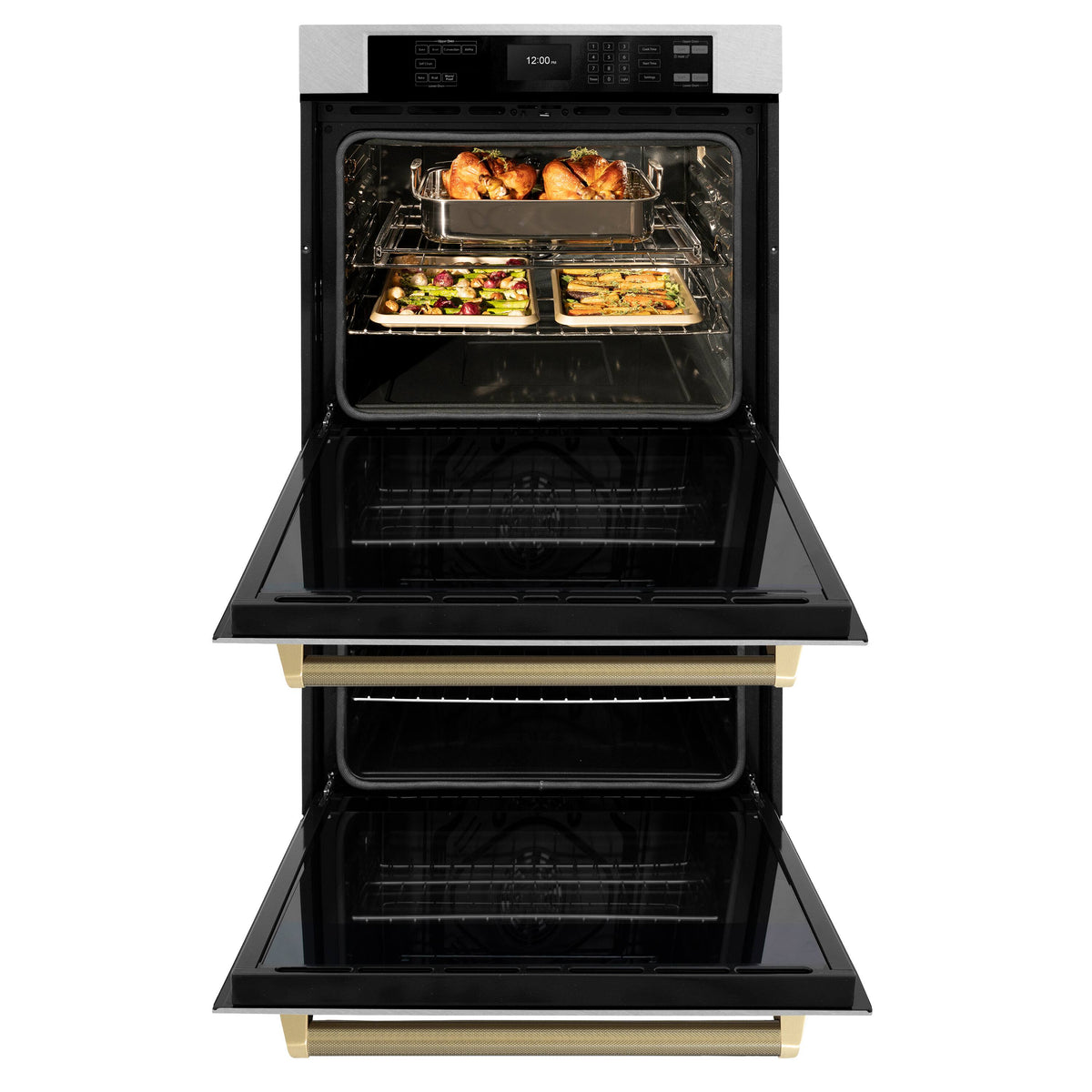 ZLINE - Autograph 30 in. True Convection Double Wall Oven in Satin Steel with Bronze Helix Handles (WADSZ-30-KCB) - Satin Stainless Steel