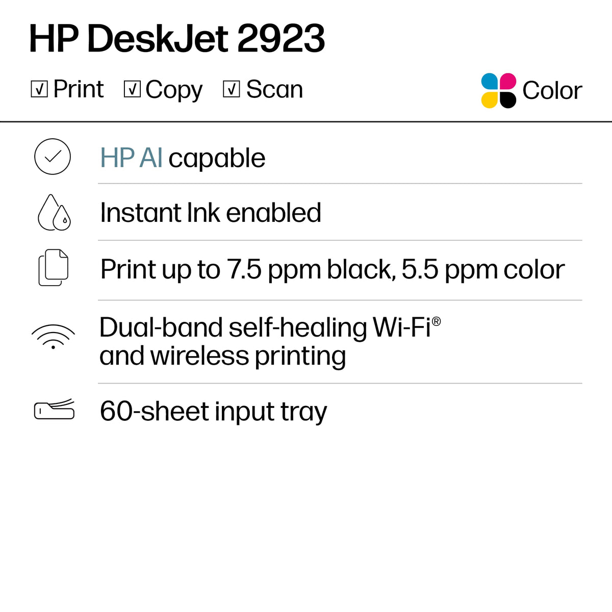 HP - DeskJet 2923 Wireless All-in-One Inkjet Printer, Scanner, Copier, AI-Enabled with 6 Months of Instant Ink - White