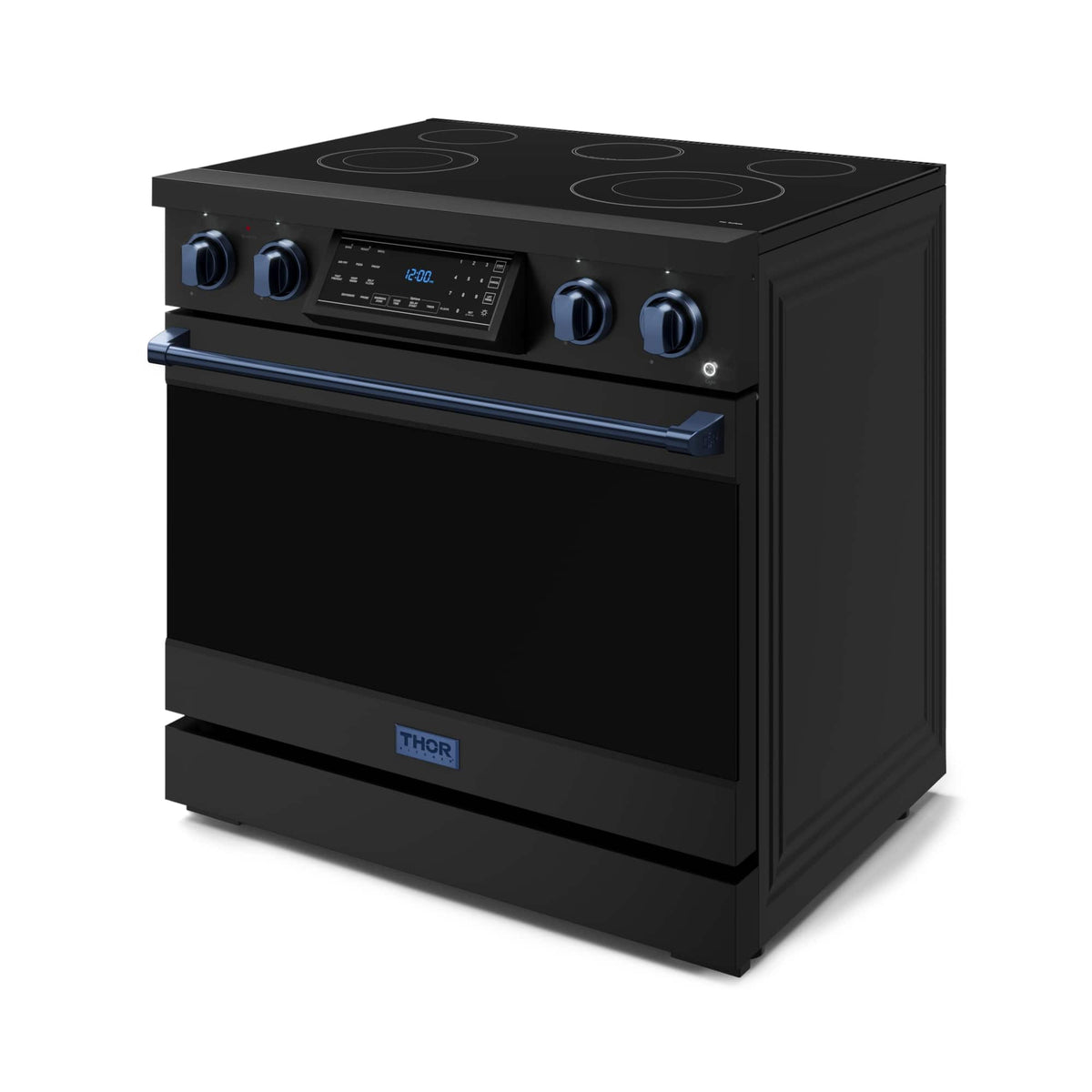 36 in. Wide 5 Elements Gordon Ramsay Series by Thor Kitchen 6.0 Cu.Ft Freestanding Electric Range with Navy Blue Handles - Black