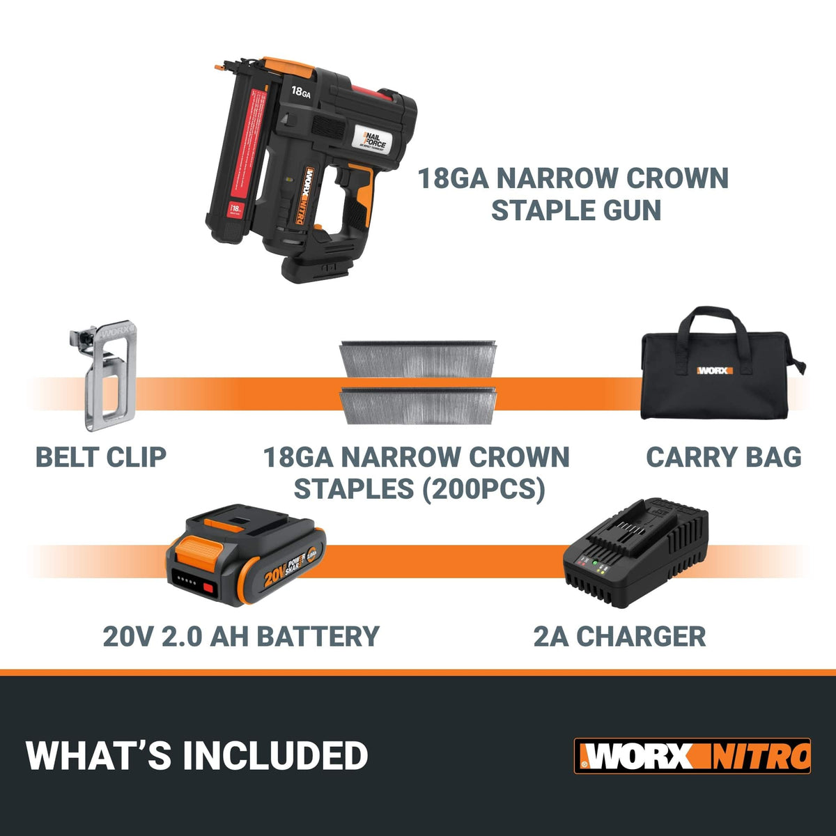 WORX - Nitro WX844L 20V 18-Gauge Narrow Crown Stapler - Black