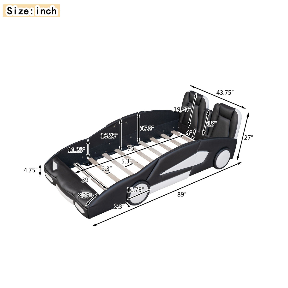 Race Car Shaped Twin Platform Bed With Wheels, Pine Wood Construction