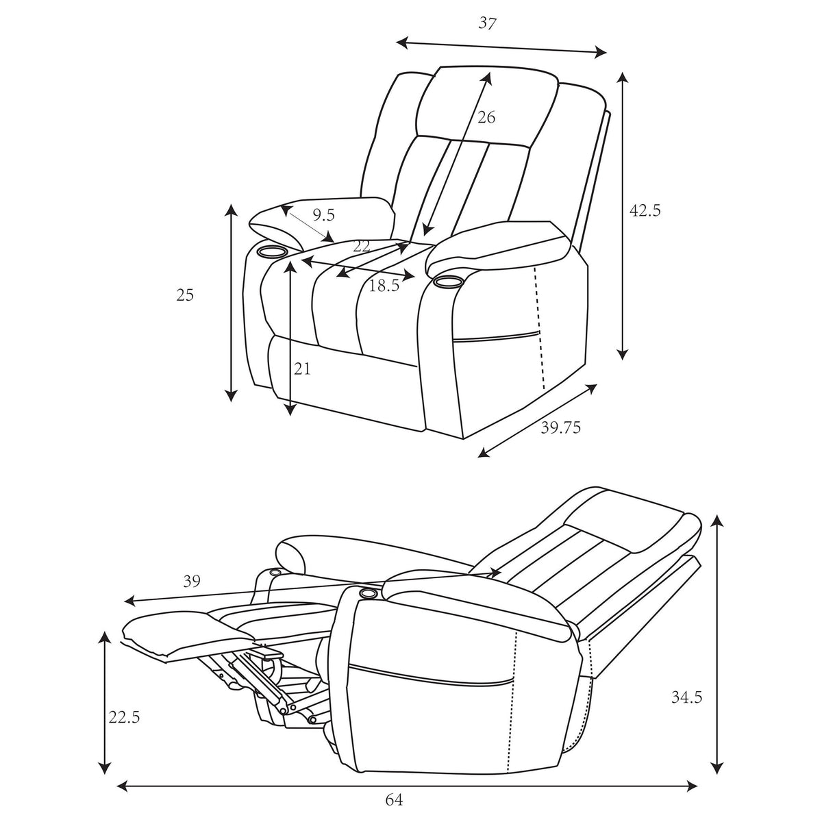 Beca - Sillón reclinable eléctrico tapizado con reposavasos y carga USB