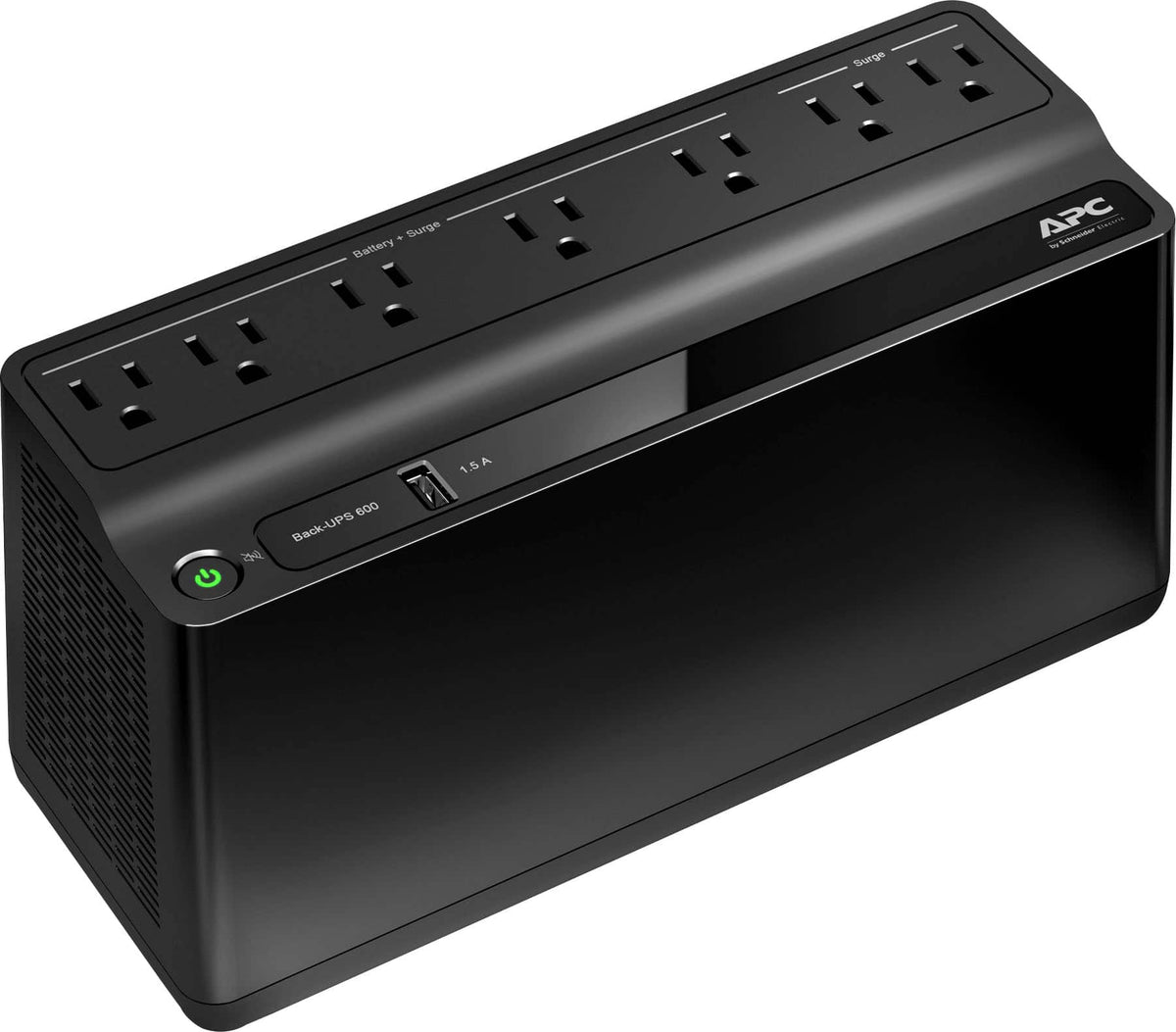 APC - UPS Battery Backup, 600VA/330W, Tower/Wall Mount, 7 Outlets, LED Indicator, USB-A port - Black