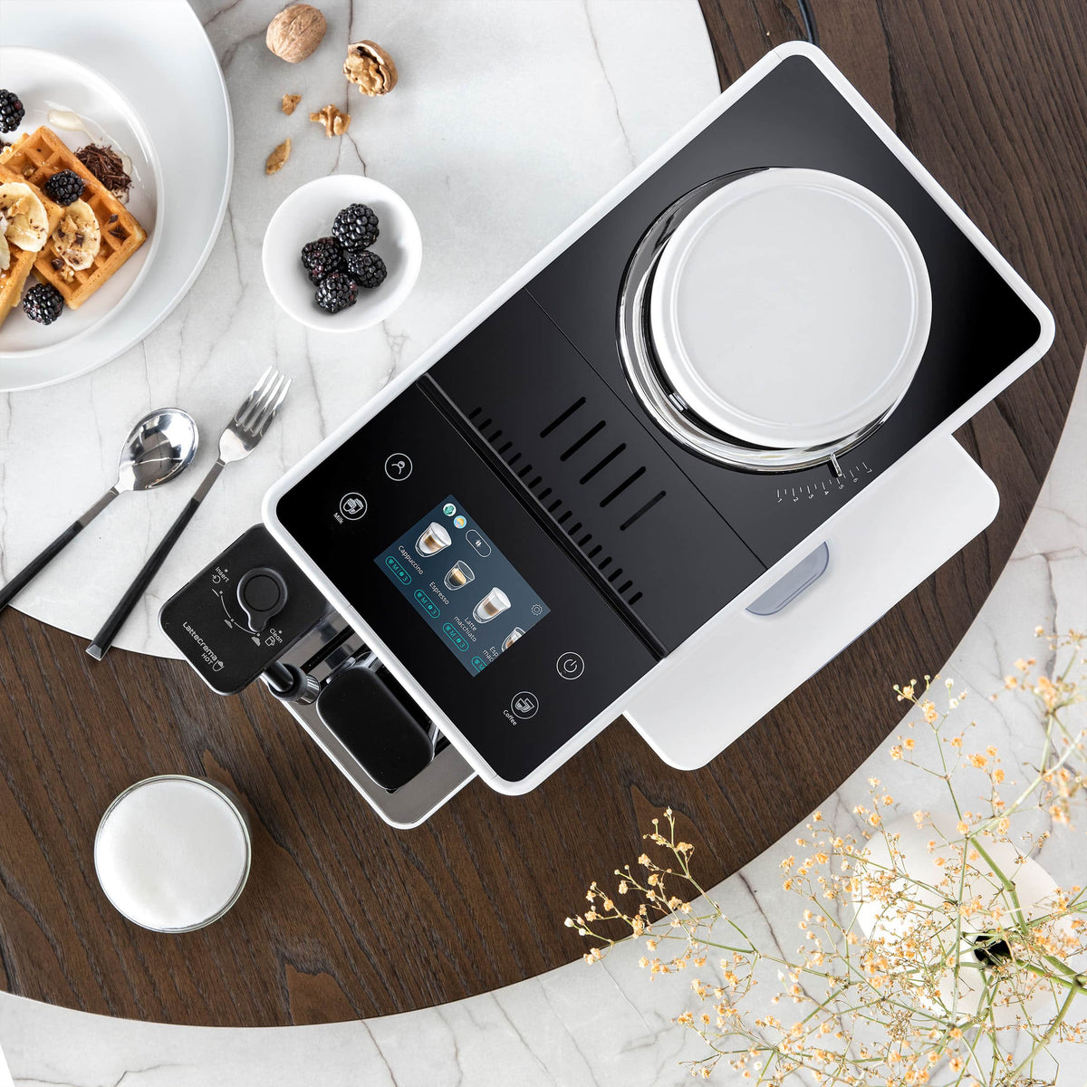 De'Longhi - Rivelia Fully Automatic Espresso Machine, Integrated Grinder, 2 Removable Bean Hoppers, Automatic Milk Frother - Arctic White