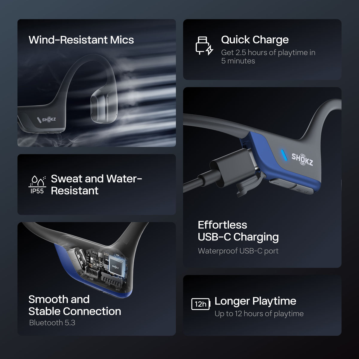 Shokz - OpenRun Pro 2 Mini Wireless Bone Conduction Open-Ear Bluetooth Sports Headphones - Steel Blue