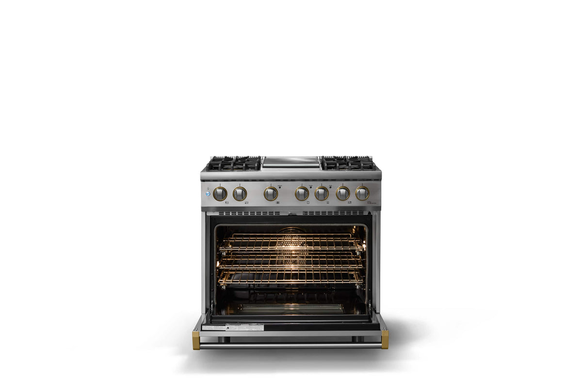 Viking - 36"W. Pro5S 5.6 Cu.Ft. Freestanding Self-Clean Sealed 4B LP Dual Fuel Convection Rng/Grdl-Stainless Steel/Brushed Brass - Stainless Steel