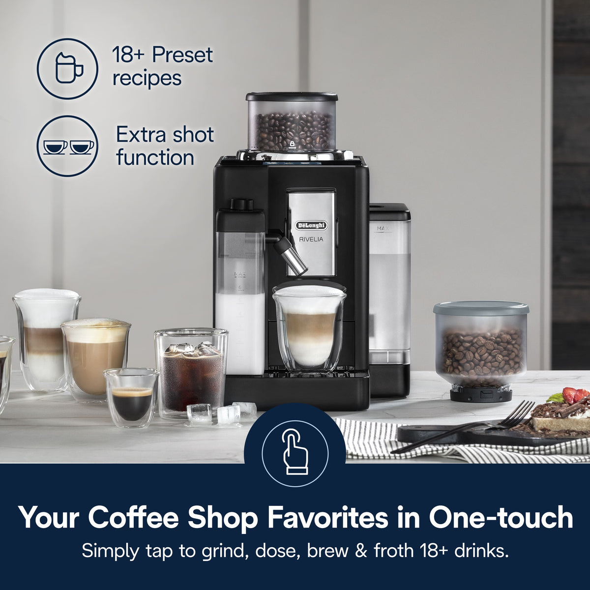 De'Longhi - Rivelia Fully Automatic Espresso Machine, Integrated Grinder, 2 Removable Bean Hoppers, Automatic Milk Frother - Onyx Black