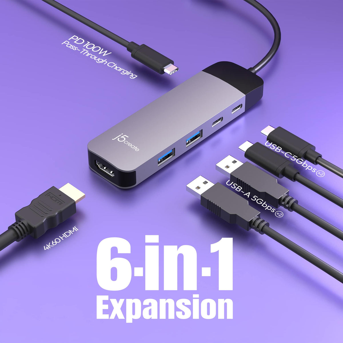 j5create - USB-C 6-in-1 4K Multi-Port Hub - Space Gray