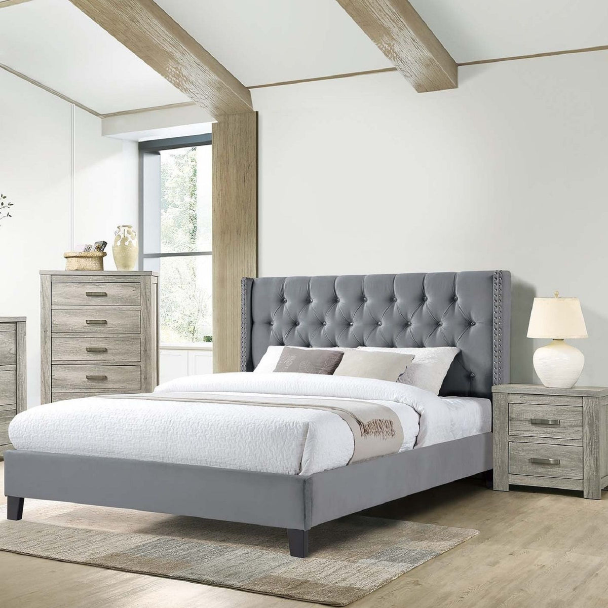 Cama con cabecera capitoné de diamante moderna con ribete de tachuelas