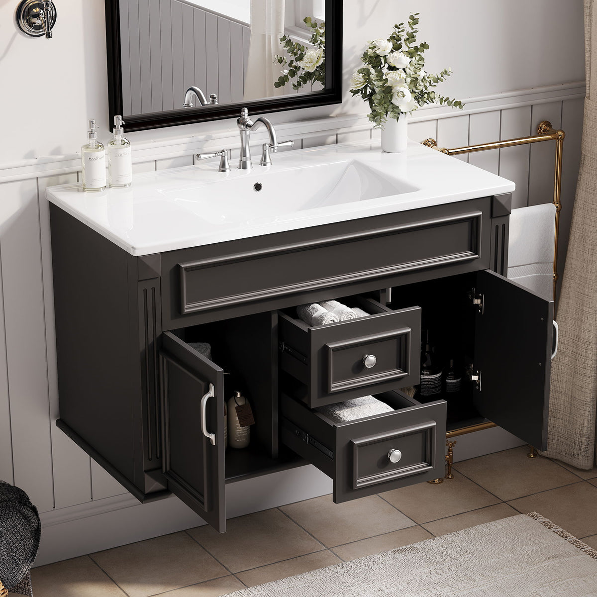 Gabinete de baño de estilo francés sencillo montado en la pared con lavabo