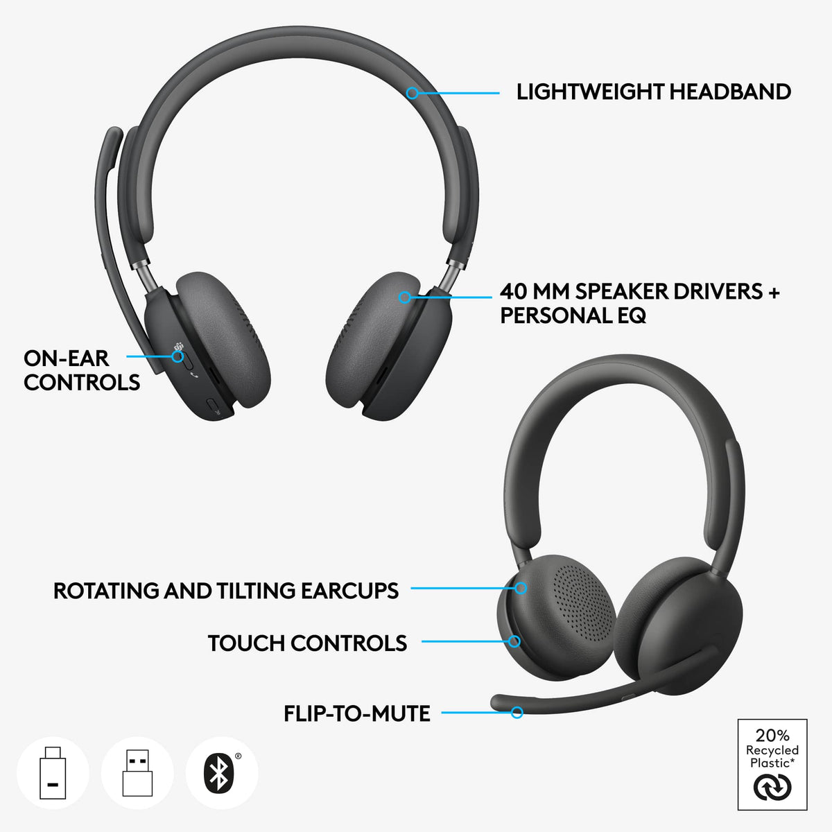 Logitech - Zone Wireless 2 Premium Noise Canceling Headset, Certified for Microsoft Teams over Native Bluetooth - Graphite