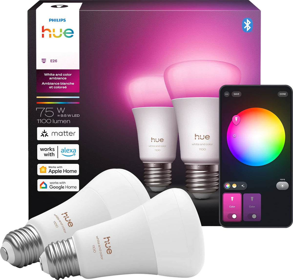 Philips - Hue Smart A19 E26 Bulb, 2pk - White and Color Ambiance