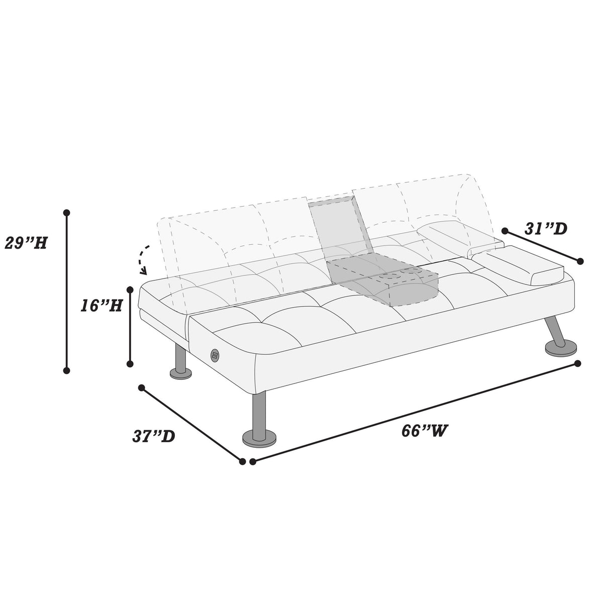 Sofá ajustable con mesa abatible y portavasos