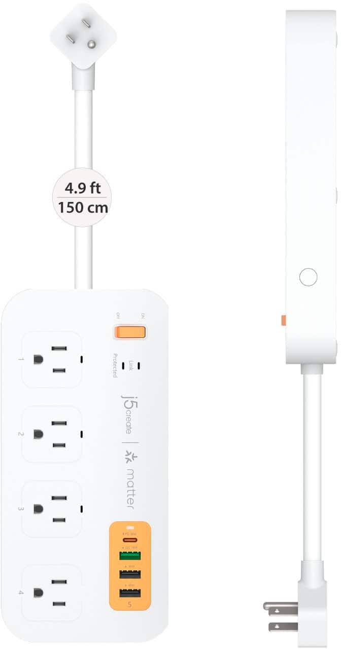 j5create - 4-Outlet/3-USB-A/1-USB-C 500J Smart Matter Enabled Surge Protector Power Strip - White & Orange