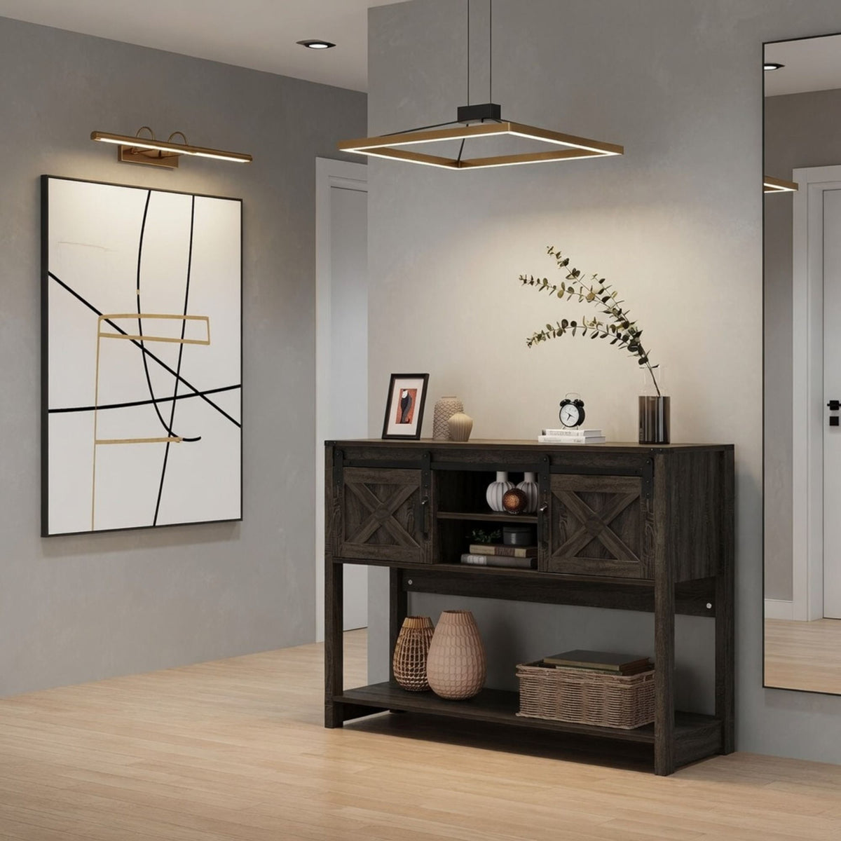 Mesa de entrada rústica con puerta corrediza estilo granero