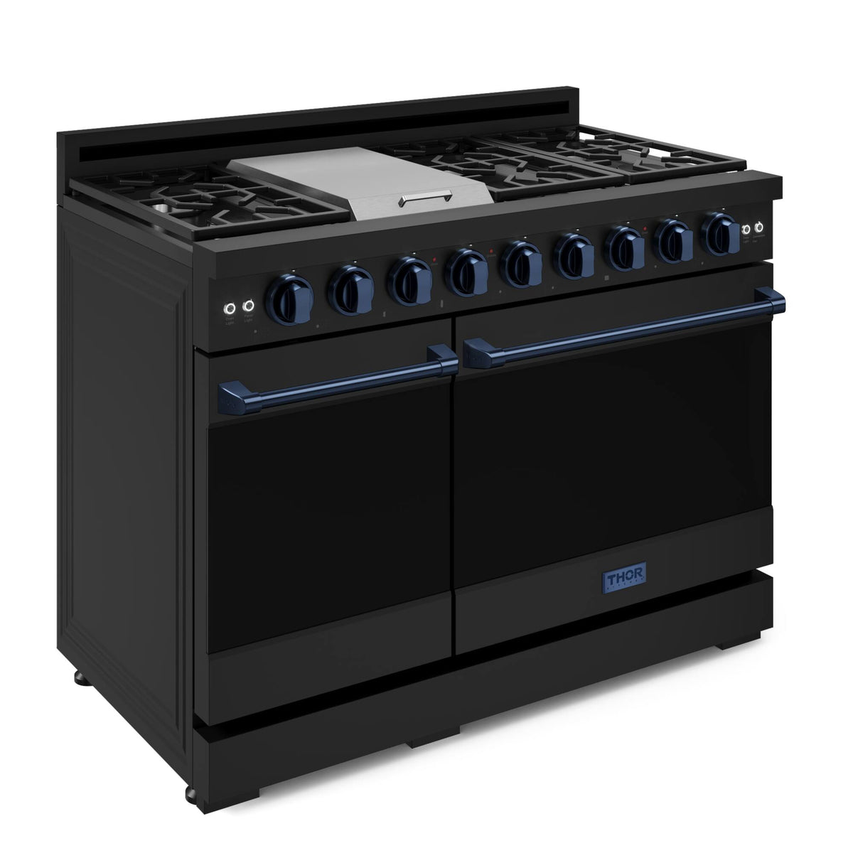 48 in. Wide 7 Burner Gordon Ramsay Series by Thor Kitchen 6.8 Cu. Ft Freestanding Gas Range with Navy Blue Hardware - Black
