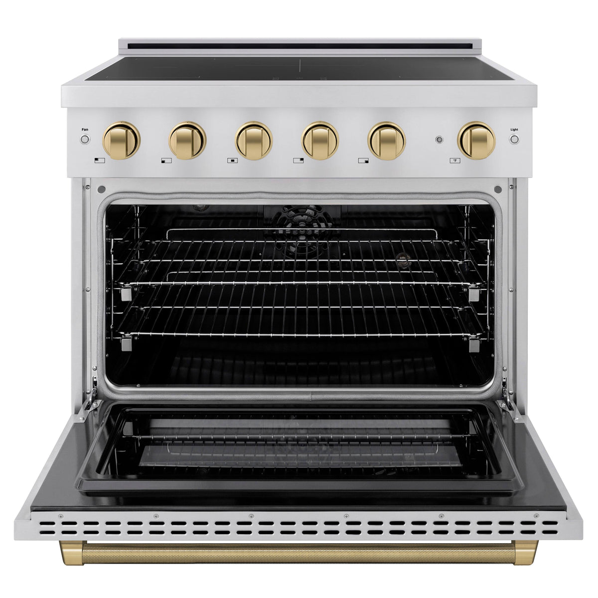ZLINE - 36 in. Wide 5 Elements Autograph 5.2 cu. ft. Paramount Freestanding Induction Range with Champagne Bronze Helix Handle - Stainless Steel