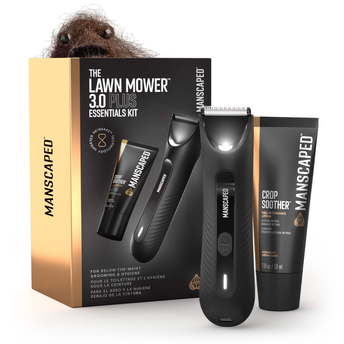 Manscaped - The Lawn Mower 3.0 Plus Essentials Kit, SkinSafe Rechargeable Wet/Dry Groin and Body Hair Trimmer, Grooming Gift Set - Black