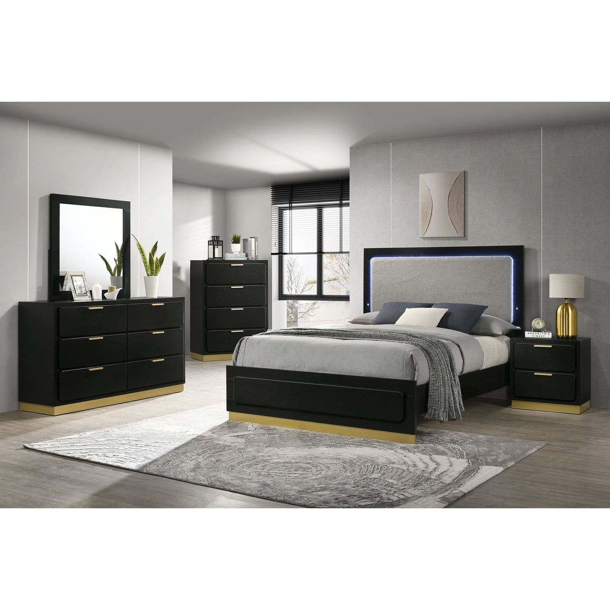 Juego de dormitorio California King de 5 piezas con cabecero tapizado - Negro