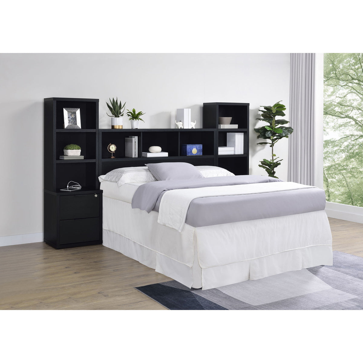 Geary - Set de dormitorio de 3 piezas con cabecero con estantería