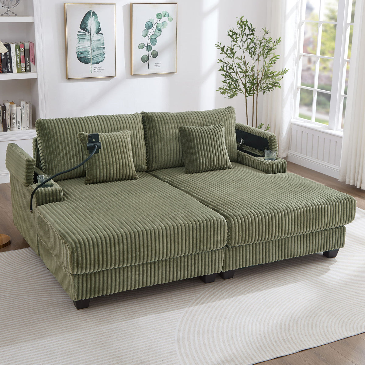 Modern Chaise Sofa With Adjustable Backrest, Cup Holders, Phone Holder & Storage Compartments For Living Room