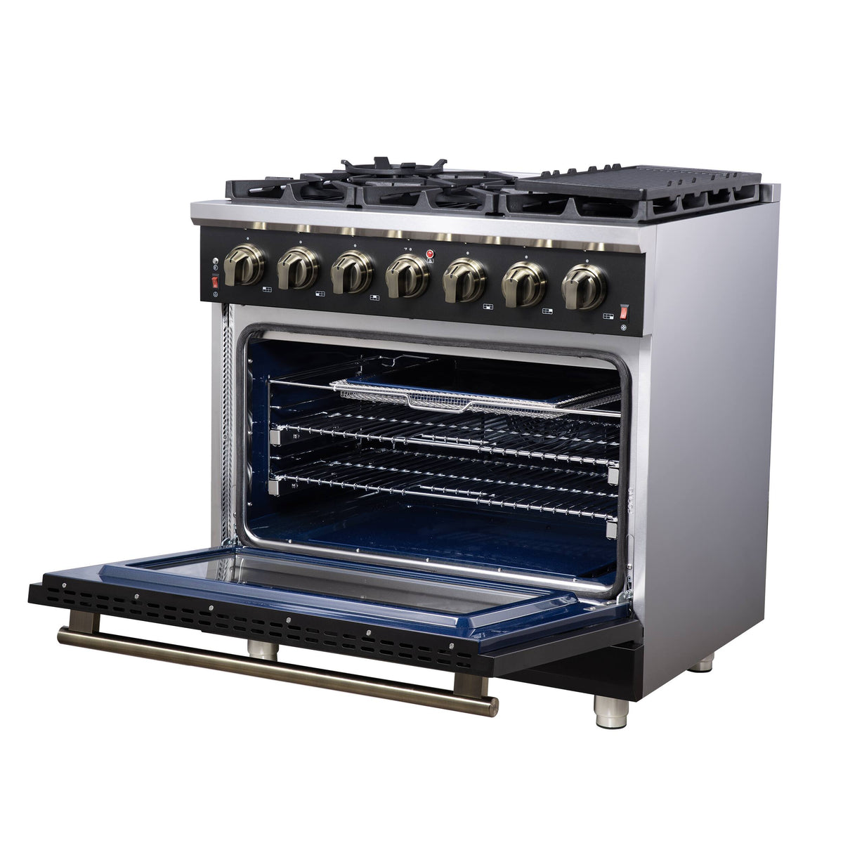 Forno Appliances - 36 in. Wide 6 Burner Massimo 5.36 Cu. Ft. Freestanding Gas Convection Range with Air Fryer Kit, Wok Support & Griddle - Black