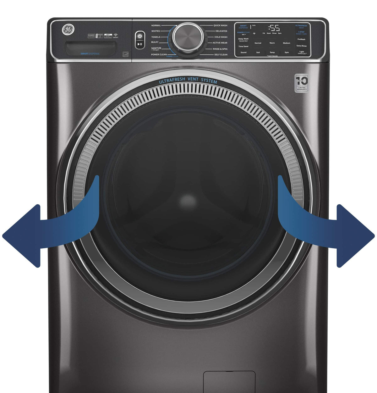 GE - 5.0 Cu. Ft. Stackable Smart Front Load Washer with Steam, SmartDispense and Odorblock Ultra Fresh Vent System - Carbon Graphite
