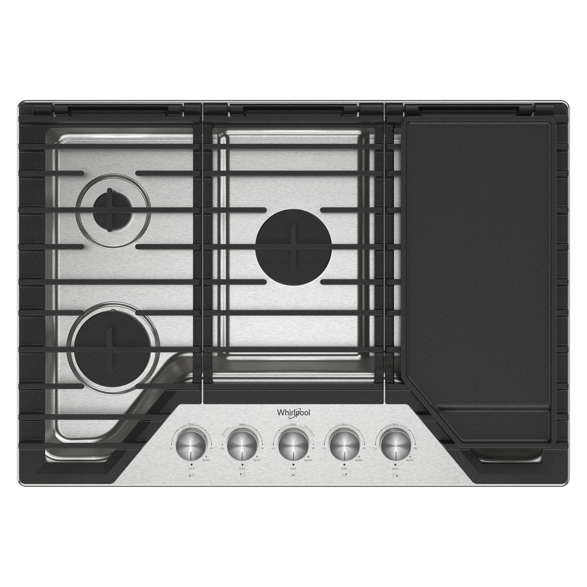 Whirlpool - 30 in. Wide 5 burners Built-In Gas Cooktop with EZ-2-Lift Hinged Cast-Iron Grates and Griddle - Stainless Steel