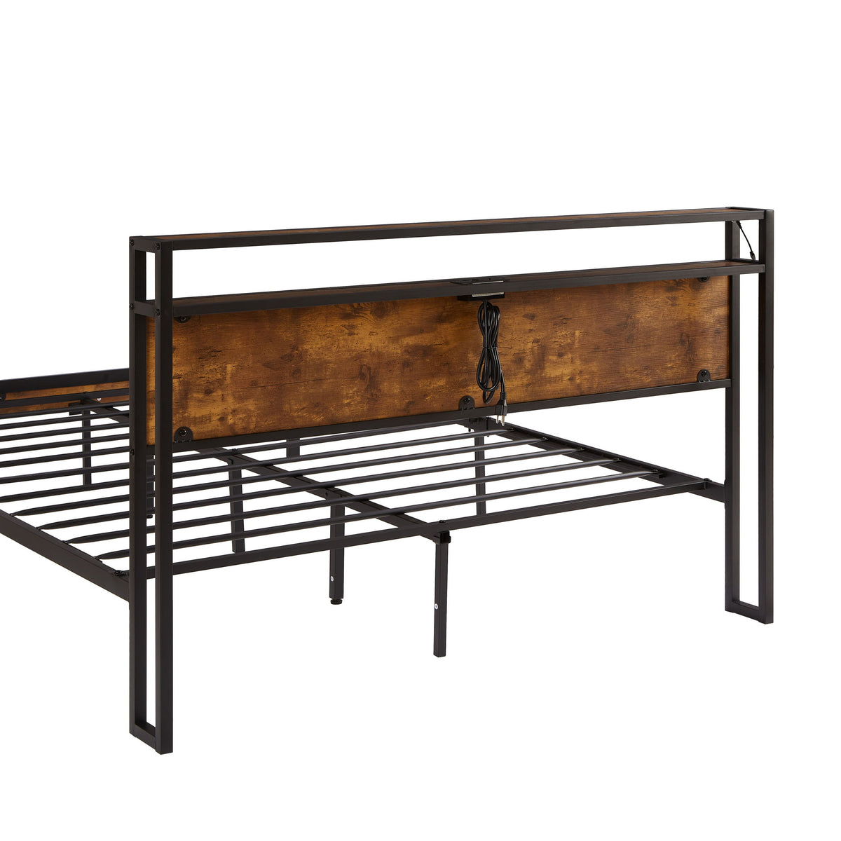 Estructura de cama de plataforma metálica con cabecera y pie de cama de madera con forro USB, luces LED, no necesita somier, gran almacenamiento debajo de la cama