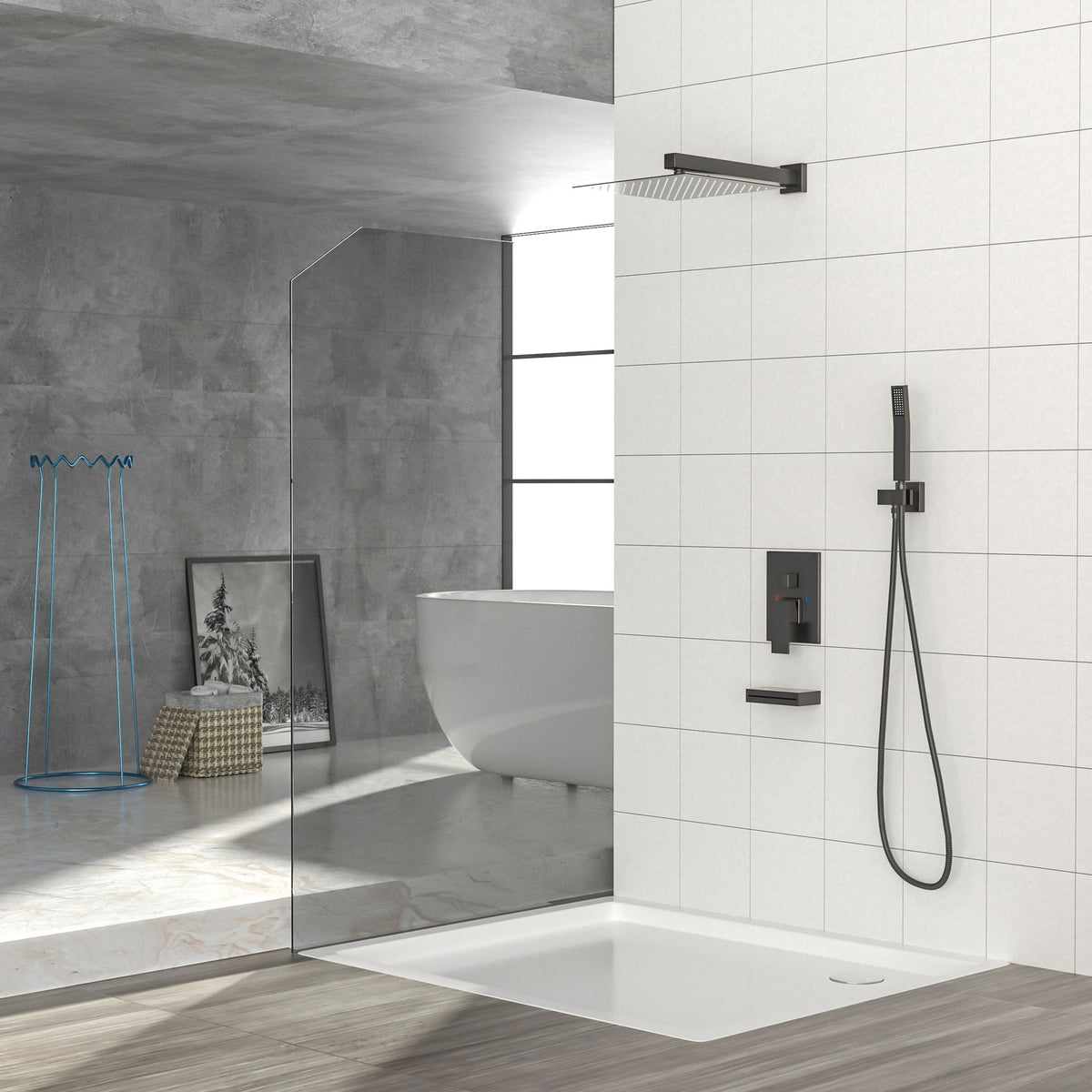 Square Shower System With Waterfall Tub Spout And Rough In Valve, Wall Mounted