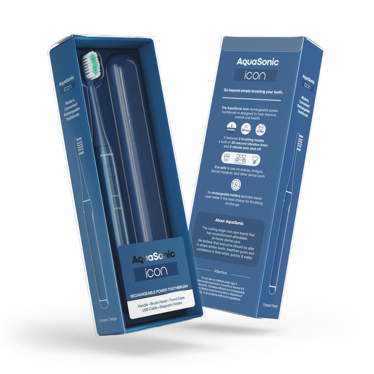 AquaSonic - Icon ADA-Accepted Rechargeable Toothbrush- Magnetic Holder & Slim Travel Case - 2 Brushing Modes & Smart Timers - Navy