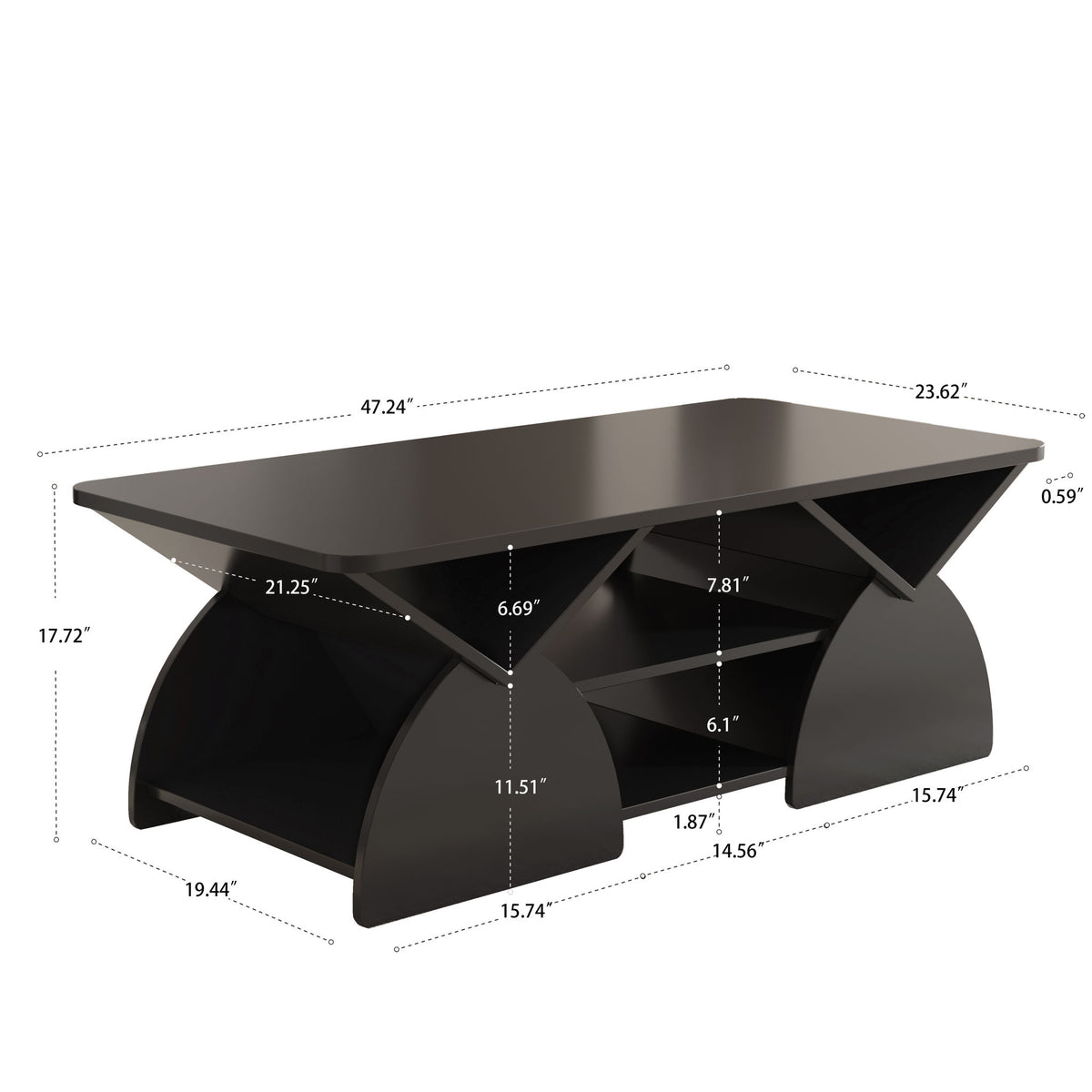 Mesa de centro de diseño geométrico con esquinas redondeadas y estantes abiertos