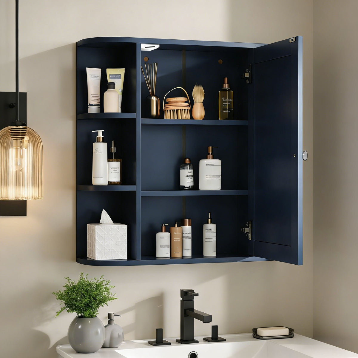 Armario de pared para baño con espejo y estante ajustable, 6 estantes abiertos