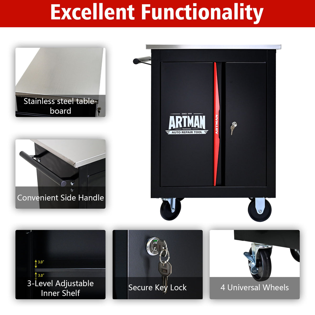 Double Door Clapboardl Multi Function Tool Cart - Black / Red