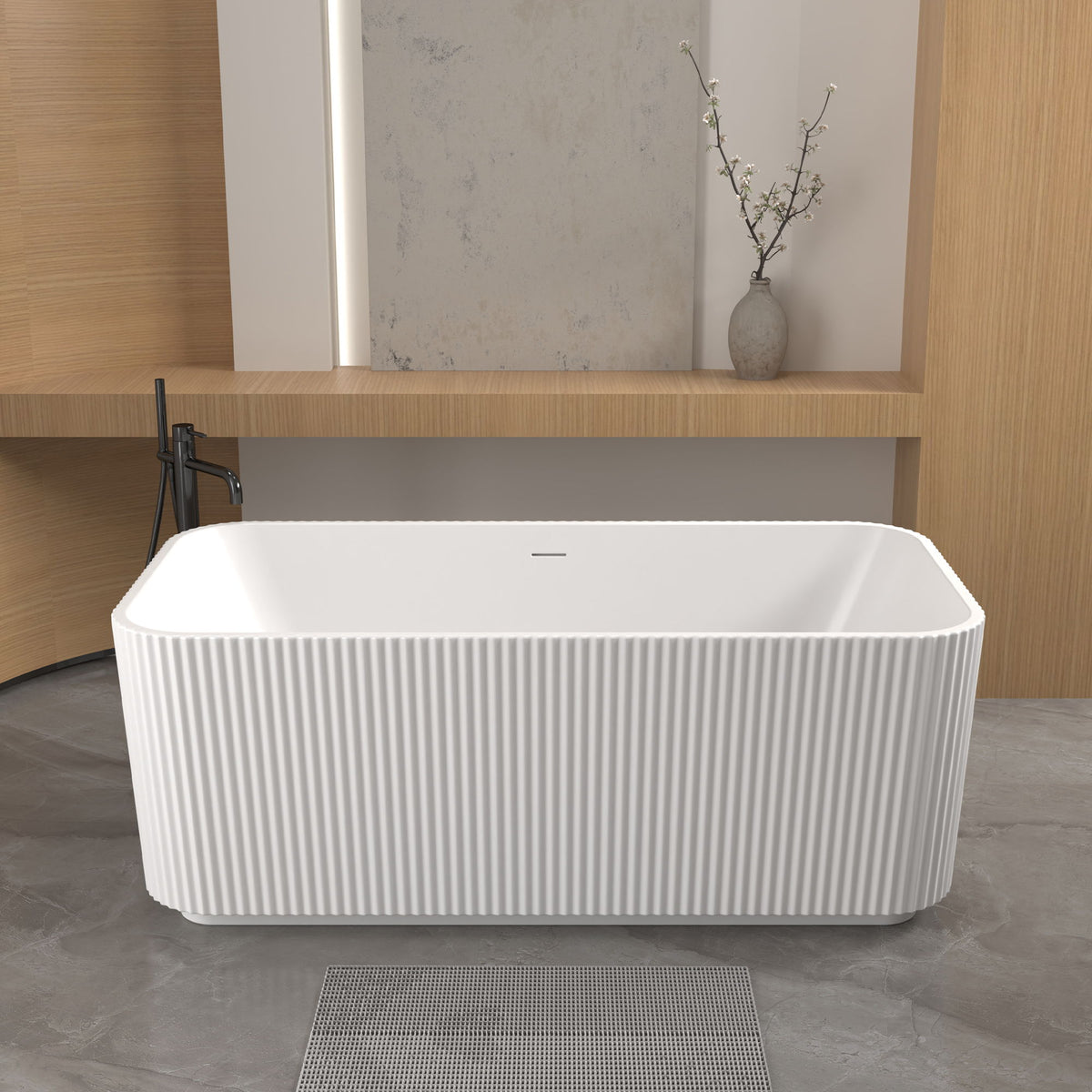 Bañera Exenta Rectangular Lineal para Remojo con Desagüe de Drenaje Pop-Up, Construcción Aislada de Doble Pared - Blanco Brillante