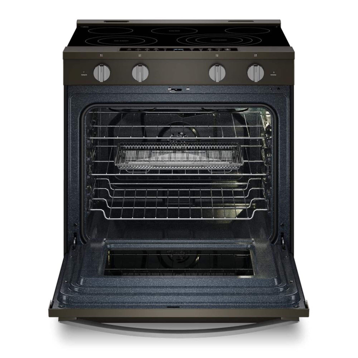 Whirlpool - 30” Wide 5 element 5.3 cu. ft. Smart Slide-In Electric Range-Air Cook Technology, No Preheat Air Fry, WipeClean Coating - Black Stainless Steel