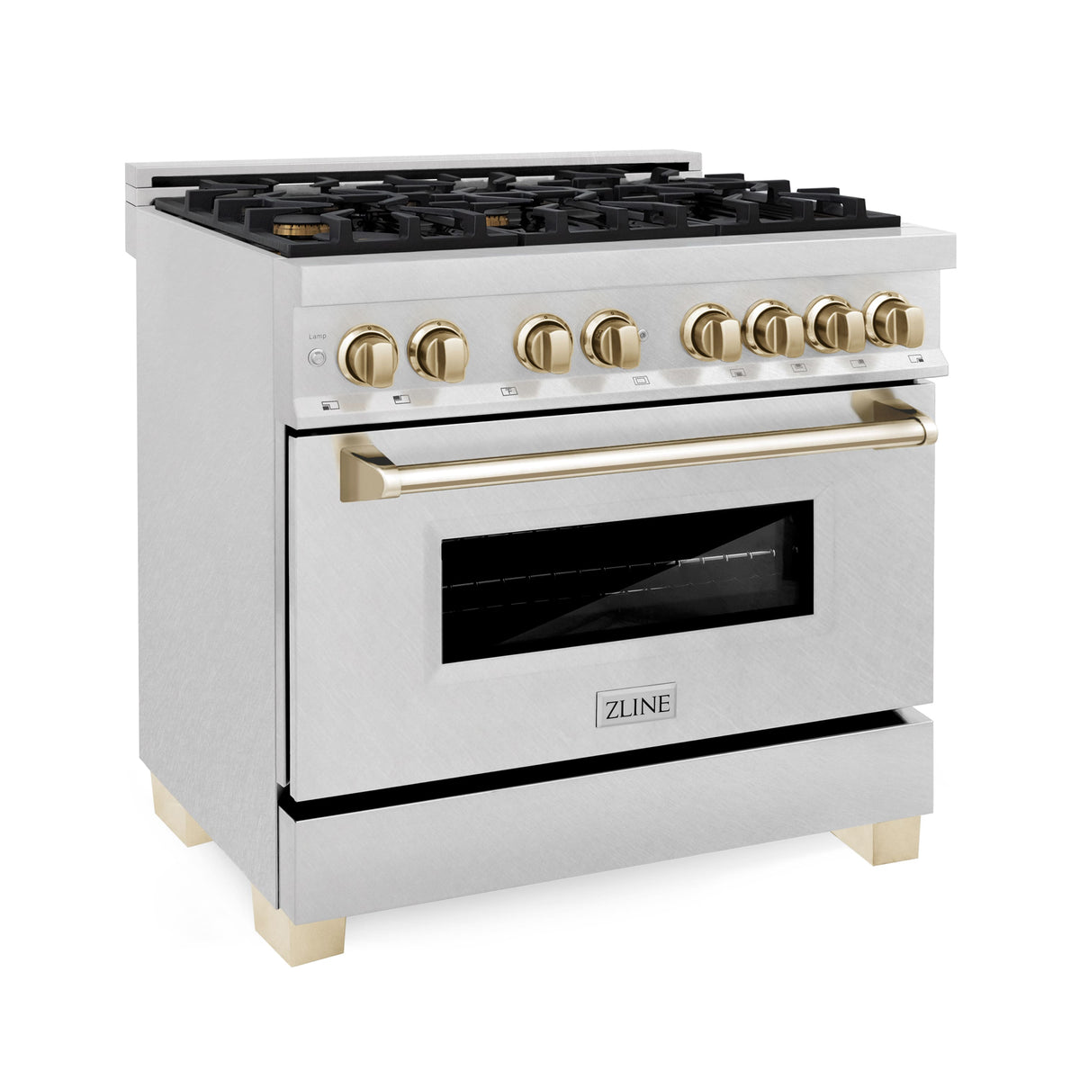 36 in. Wide 6 Burner ZLINE Autograph Legacy Dual Fuel Range in Satin Steel & Gold Accents (RASZ-SN-36-G) - Stainless Steel