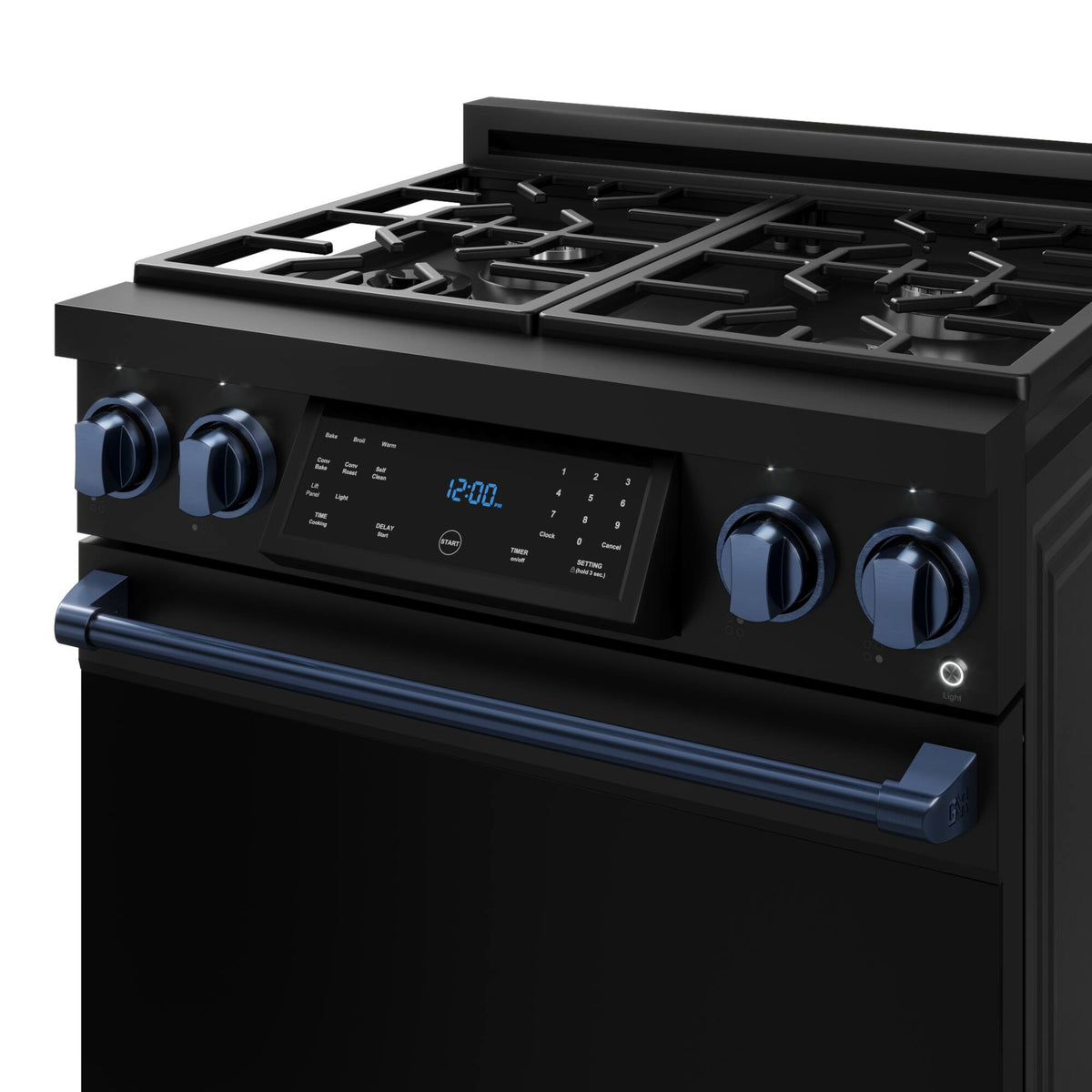 30 in. Wide 4 burner Gordon Ramsay Series by Thor Kitchen 4.55 Cu. Ft Freestanding Gas Range with Navy Blue Hardware - Black