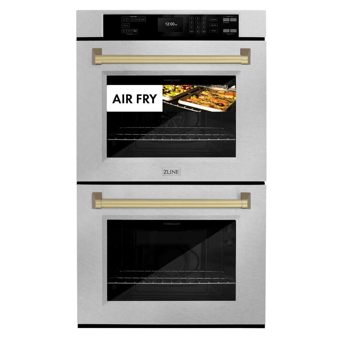 ZLINE - 30 in. Autograph Double Wall Oven w/ Air Fry in Satin Steel and Bronze Handles - Satin Stainless Steel