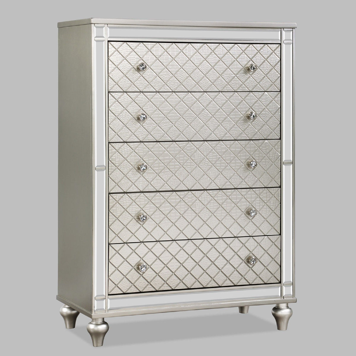 5 Drawer Bedroom Chest With Diamond Patterned Fronts - Silver