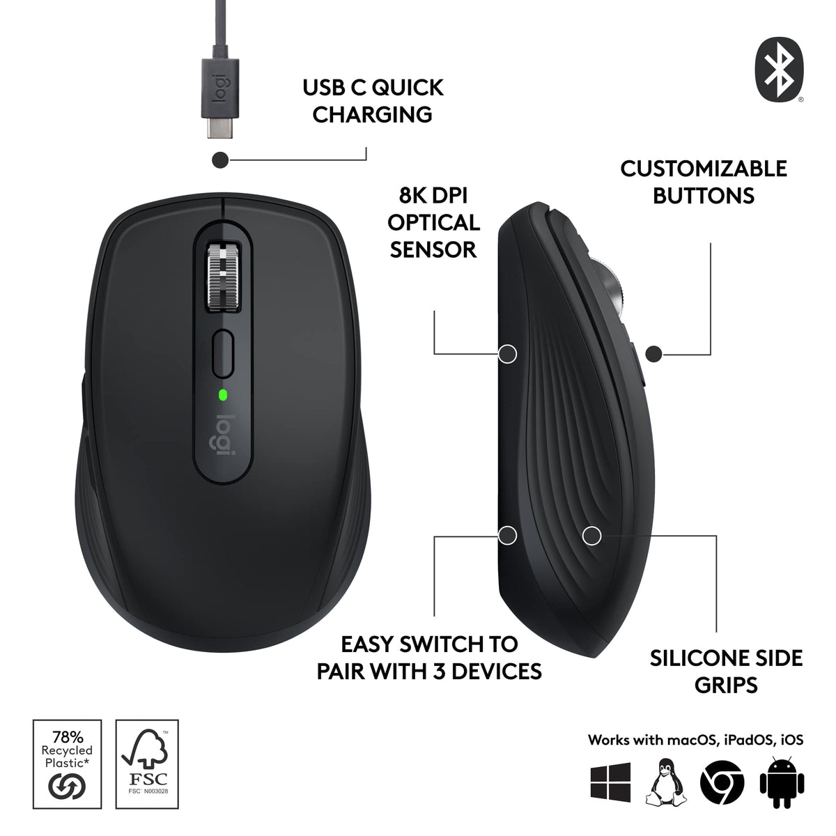 Logitech - MX Anywhere 3S Wireless Bluetooth Optical Fast Scrolling Mouse with Programmable Buttons - Wireless - Black