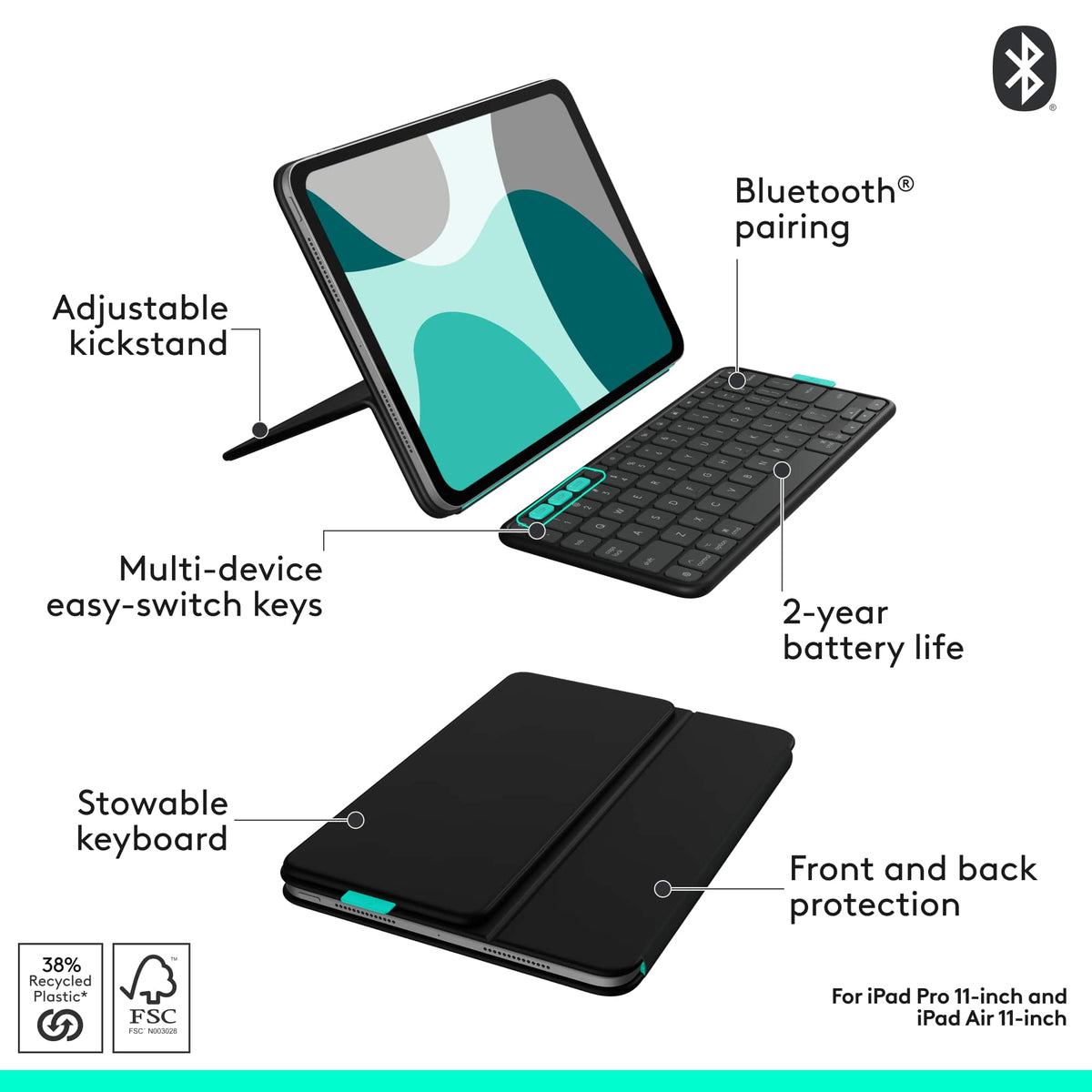 Logitech - Flip Folio Keyboard Case for iPad Pro 11-inch - Latest Model (M4 & M5), iPad Air 11-inch (M2, M3 & M4)(5th Gen) - Graphite