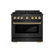 ZLINE - 36 in. Wide 6 Burner Autograph 5.2 cu. ft. Manual Clean Freestanding Gas Range with Gold Accents - Black Satin Stainless Steel