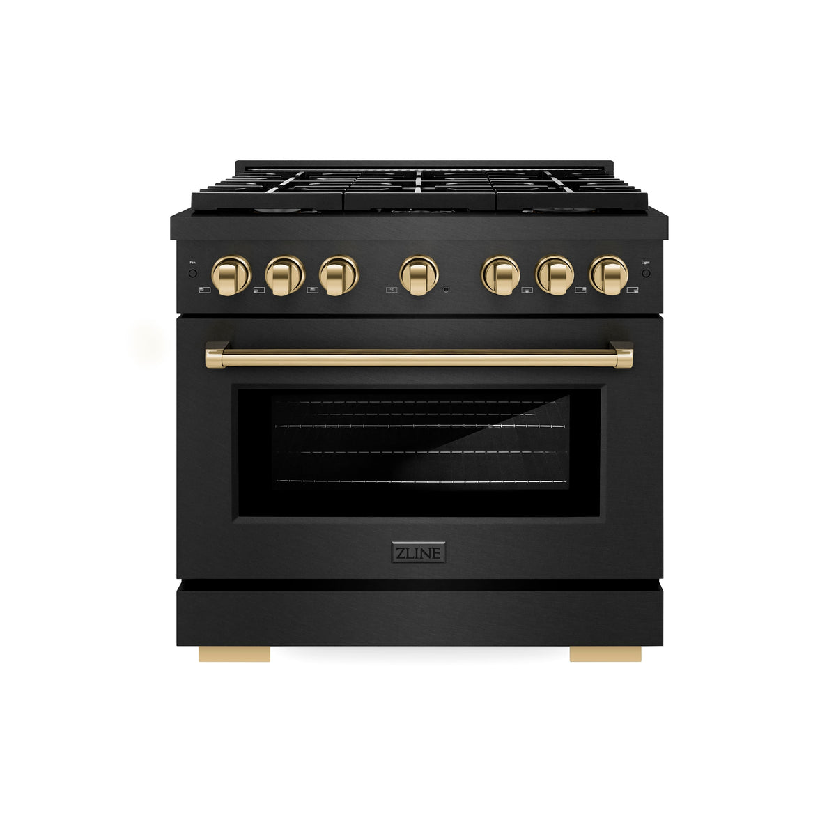 ZLINE - 36 in. Wide 6 Burner Autograph 5.2 cu. ft. Manual Clean Freestanding Gas Range with Gold Accents - Black Satin Stainless Steel