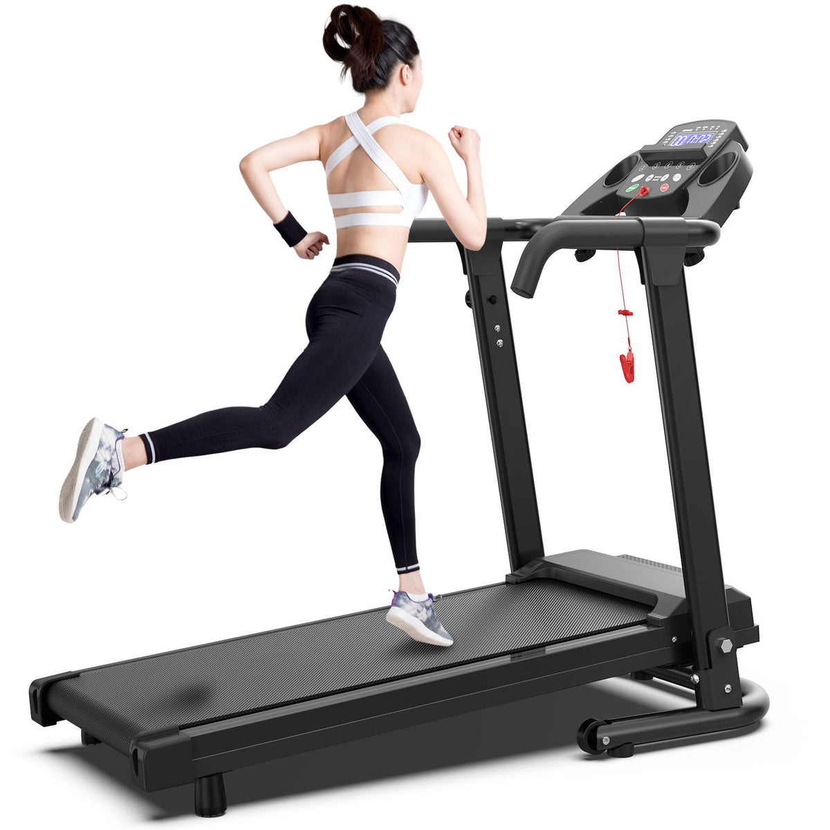 Cinta de correr portátil de 2.5 Hp con manijas, control por aplicación y pantalla LED - Negro