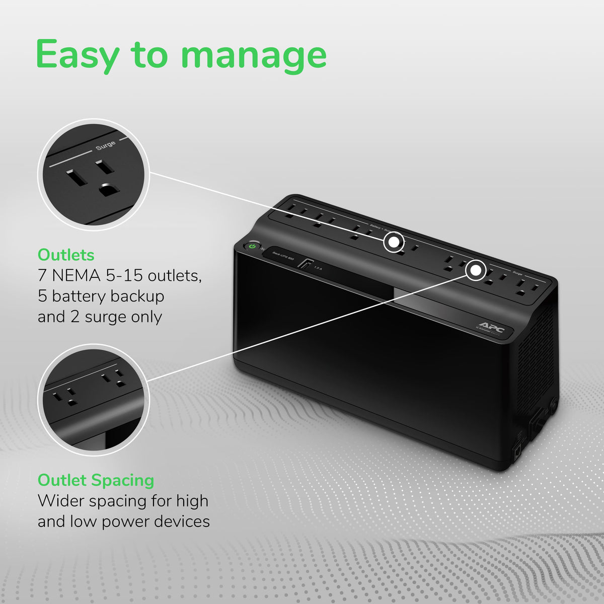 APC - Back-UPS 600VA, 120V, 1 USB charging port, 7 NEMA outlets (2 surge) - Black