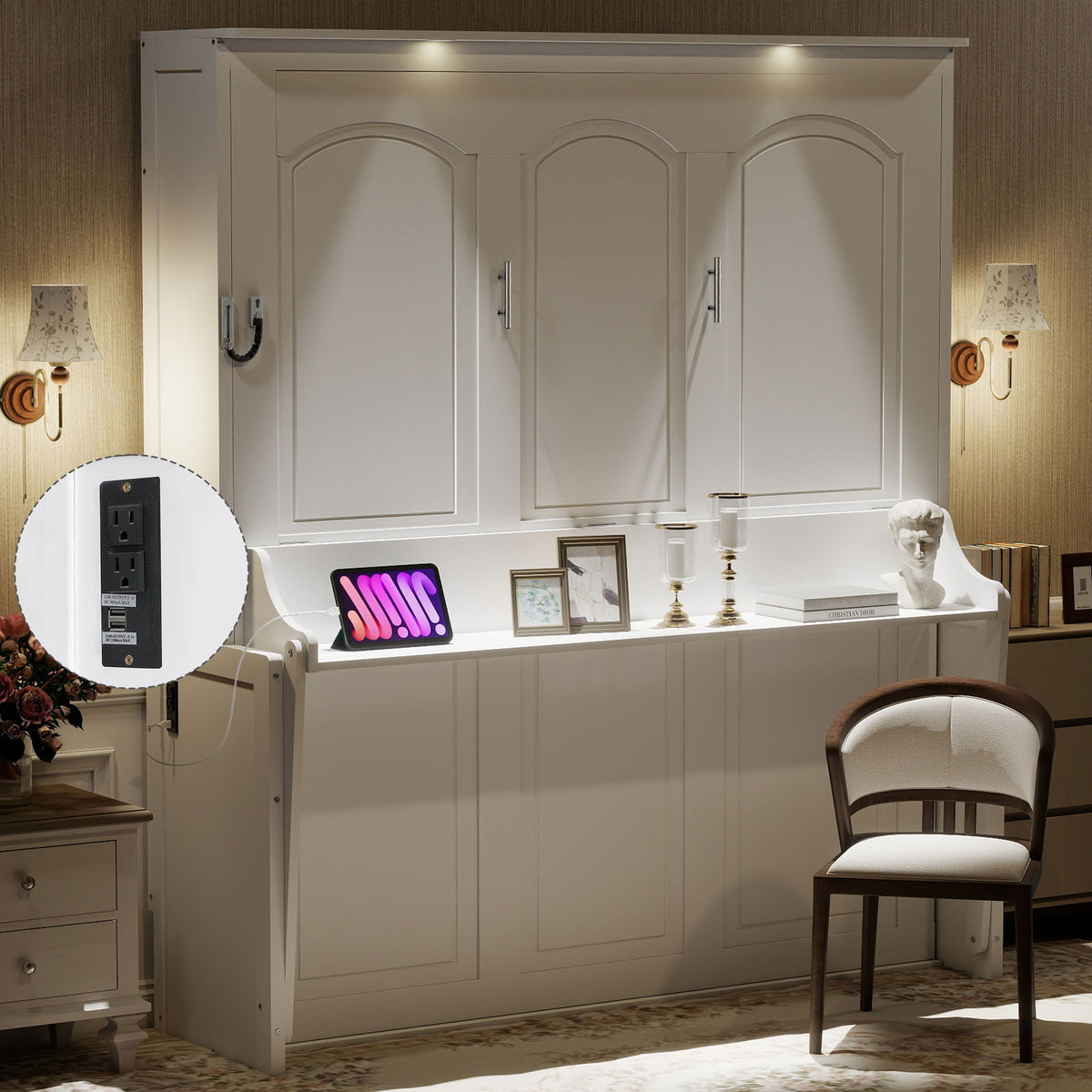 Cama Murphy con escritorio, luces LED y estación de carga USB