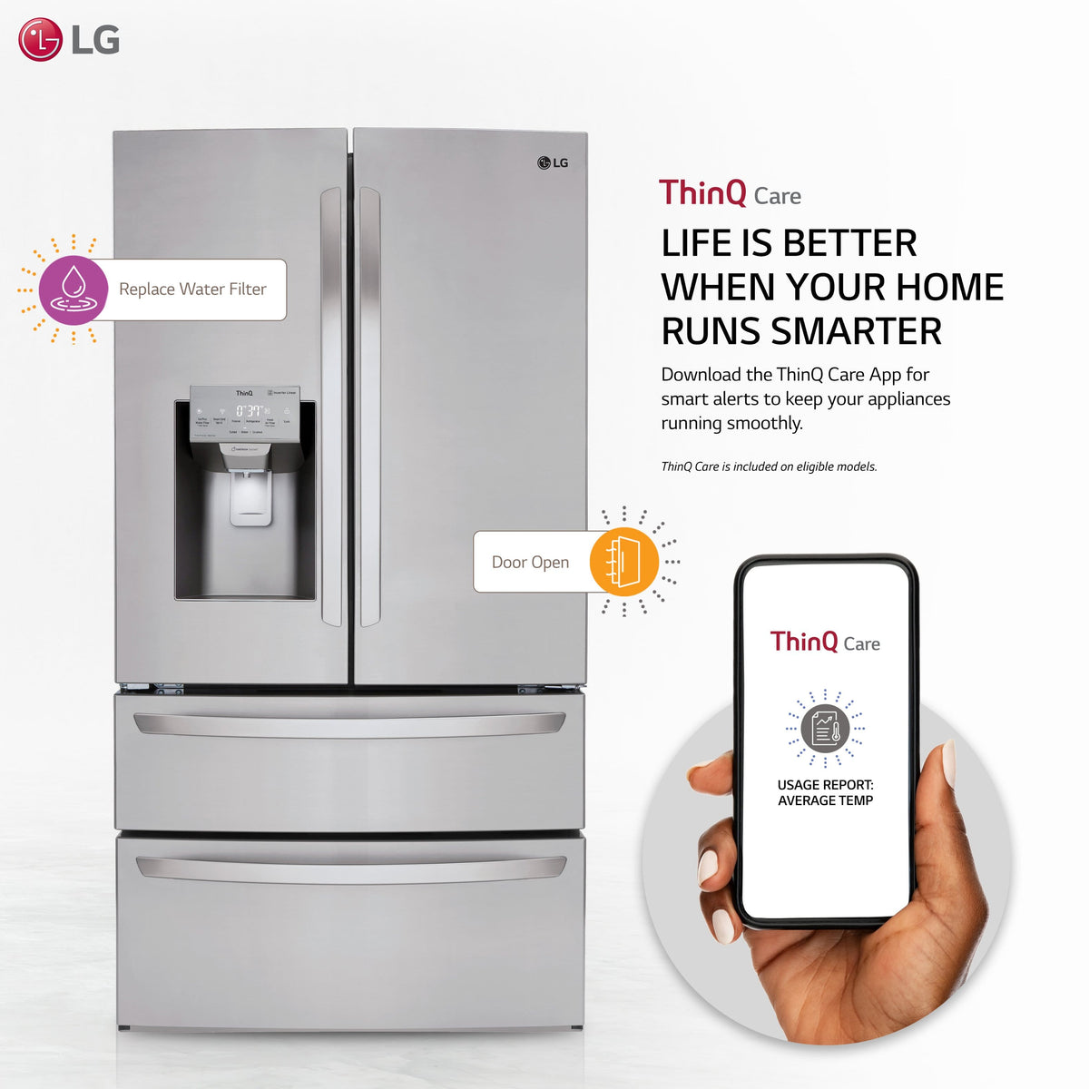 LG - 36-in Wide 27.8 Cu. Ft. 4-Door French Door Smart Refrigerator with Double Freezer Drawers - Stainless Steel