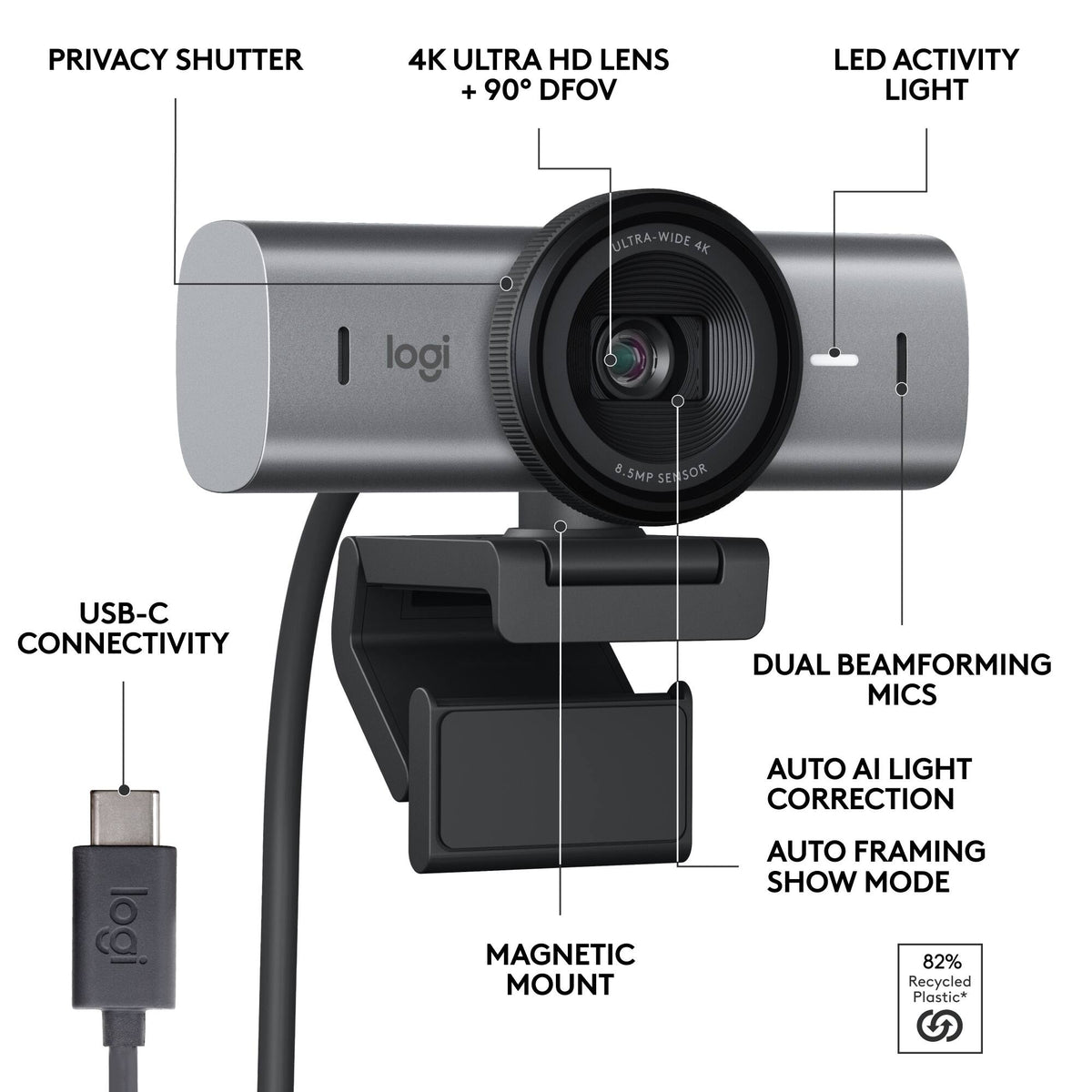 Logitech - MX Brio 705 4K Webcam with AI-powered Image Enhancement - Graphite