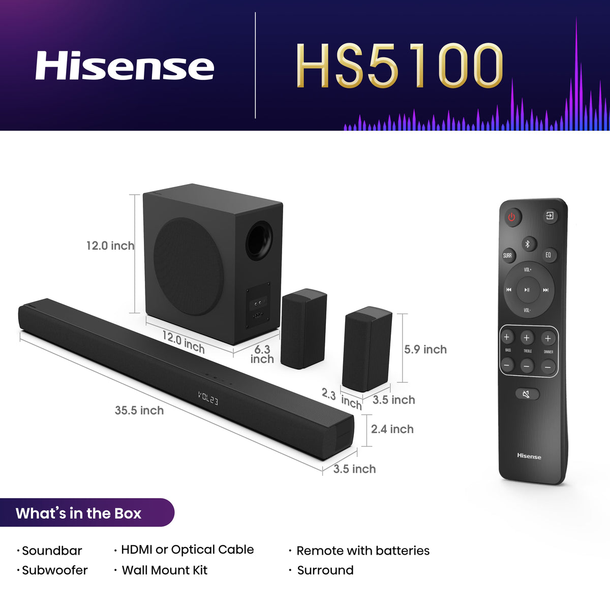 Hisense - 5.1 Channel 540W Soundbar with Wireless 6.5" Subwoofer and 2 Rear Speakers (HS5100) - Black